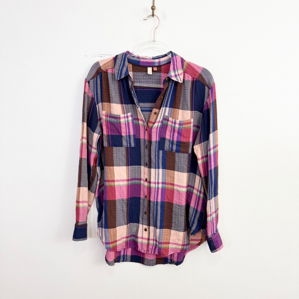 Anthropologie Pilcro Plaid Button Front Tunic Shirt Pink Blue Small